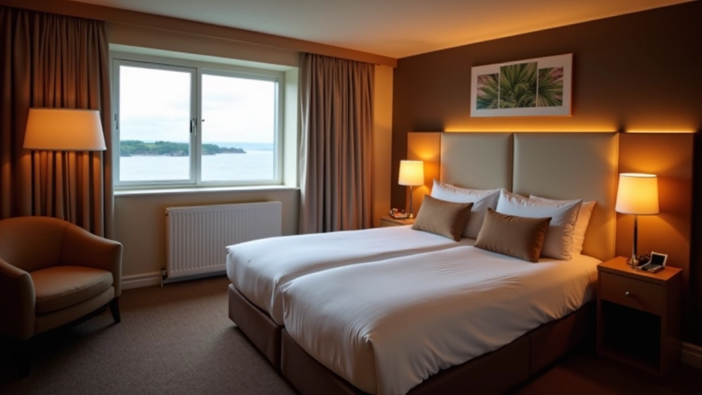 Hotel accommodation room with comfortable bed and ocean view, warm ambient lighting, clean modern decor