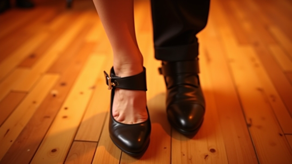 Close-up of feet on wooden dance floor showing proper salsa dance position and footwork timing