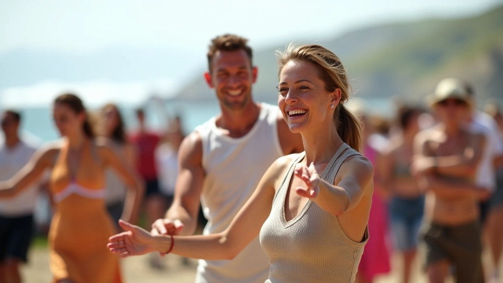 Professional dance instructors leading workshop in outdoor festival setting with participants