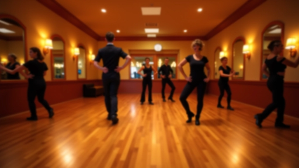 Inside a bright Dublin dance studio with polished wooden floors and warm amber lighting, dancers moving across the space