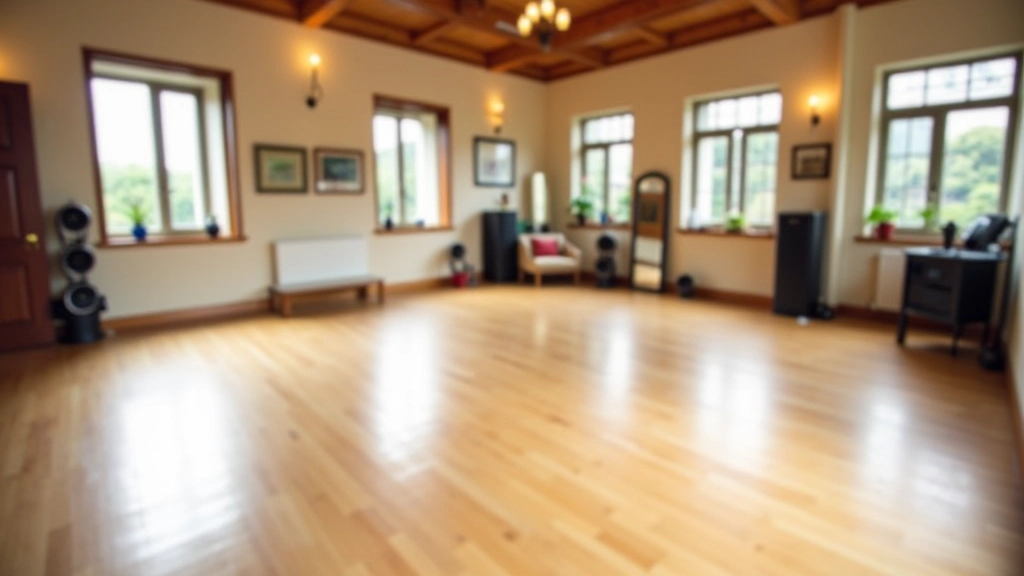 Dance studio with wooden floor, mirrors on walls, dancers practicing bachata technique, natural light from windows