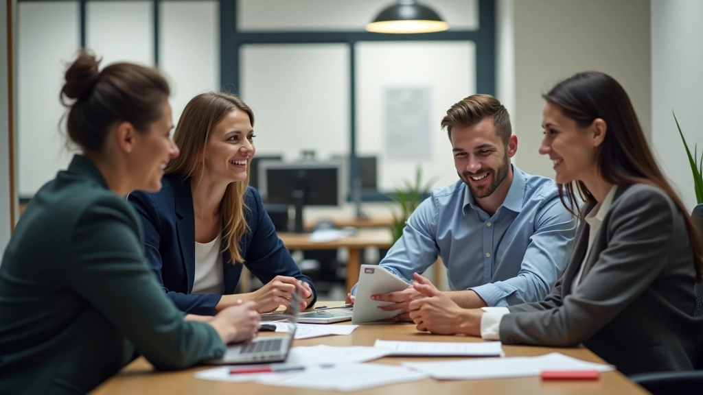 Team of professionals in a modern office workspace collaborating and discussing dance event planning