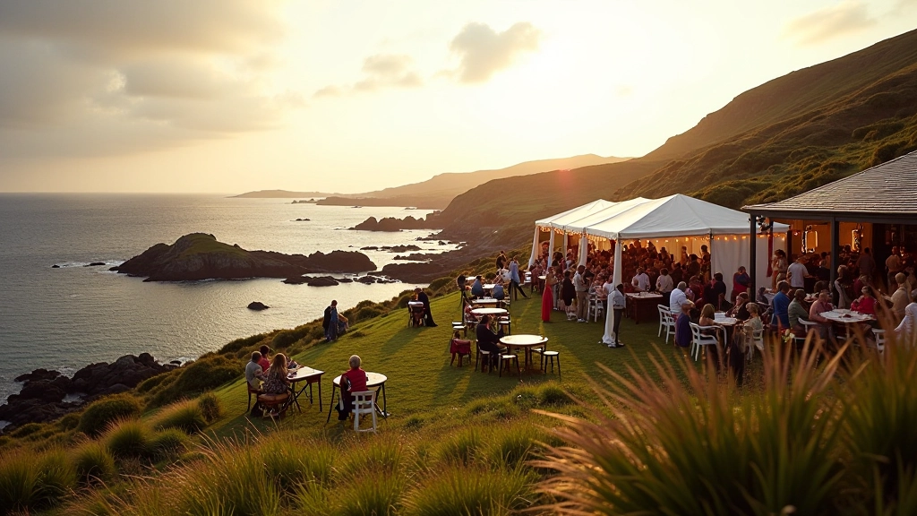 Scenic Irish coastal setting with festival preparations and community gathering space