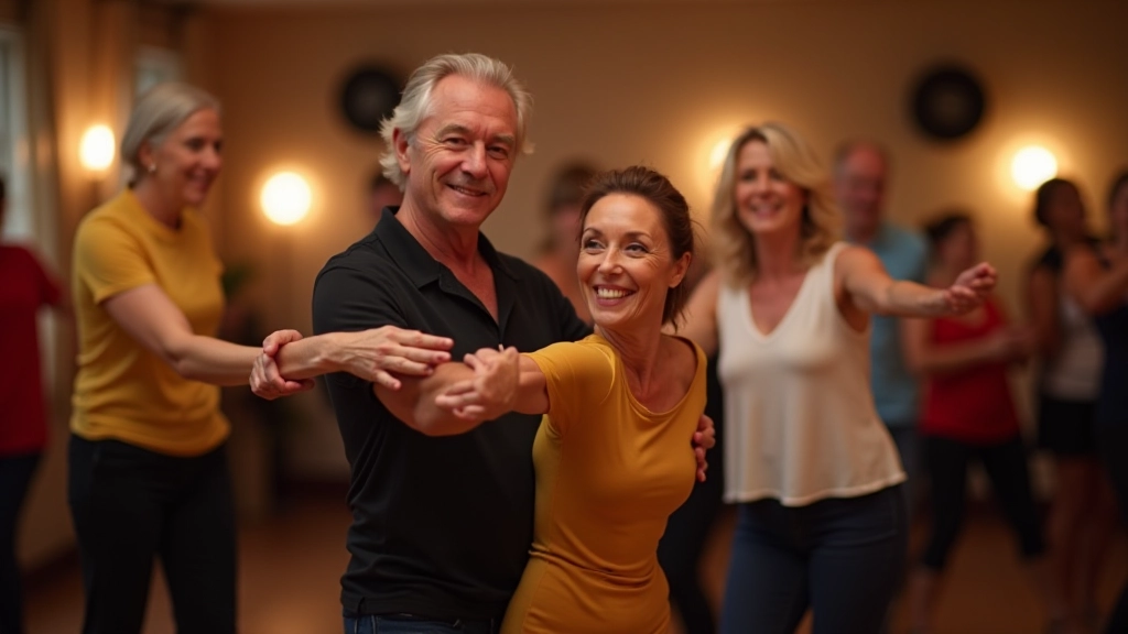 Group of mature adults dancing salsa together in a bright Dublin studio with warm lighting
