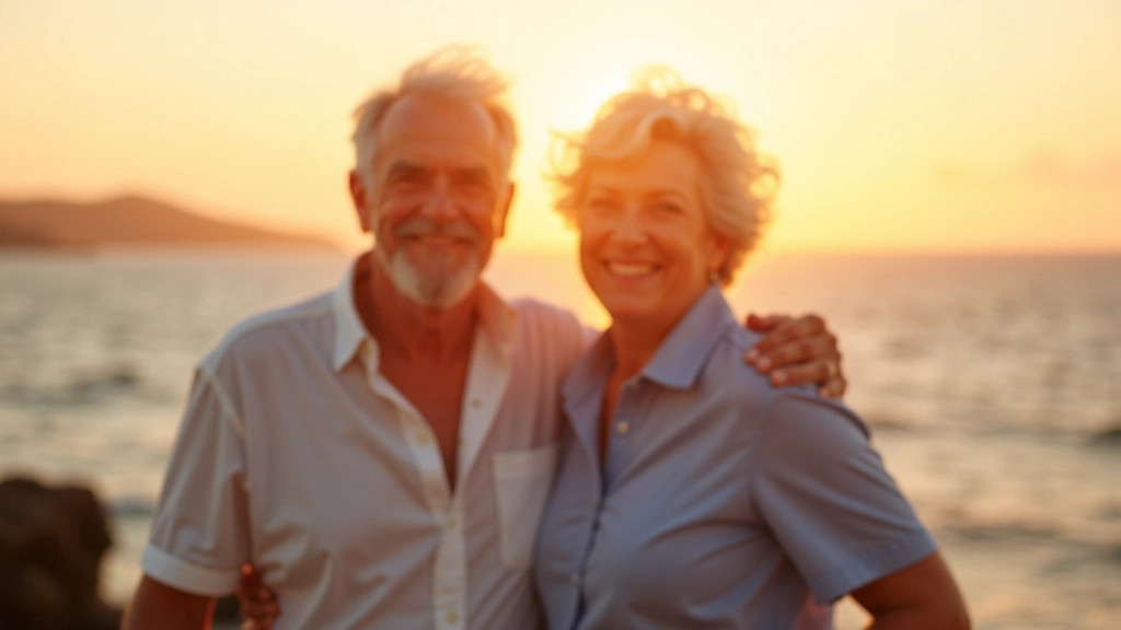 Mature adults enjoying sunset by the Atlantic coast, relaxed summer evening atmosphere