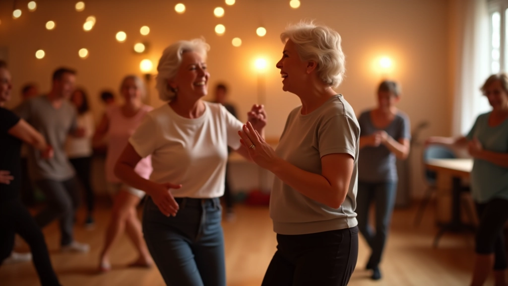 Mature adults enjoying Latin dance together at an indoor event venue with warm ambient lighting