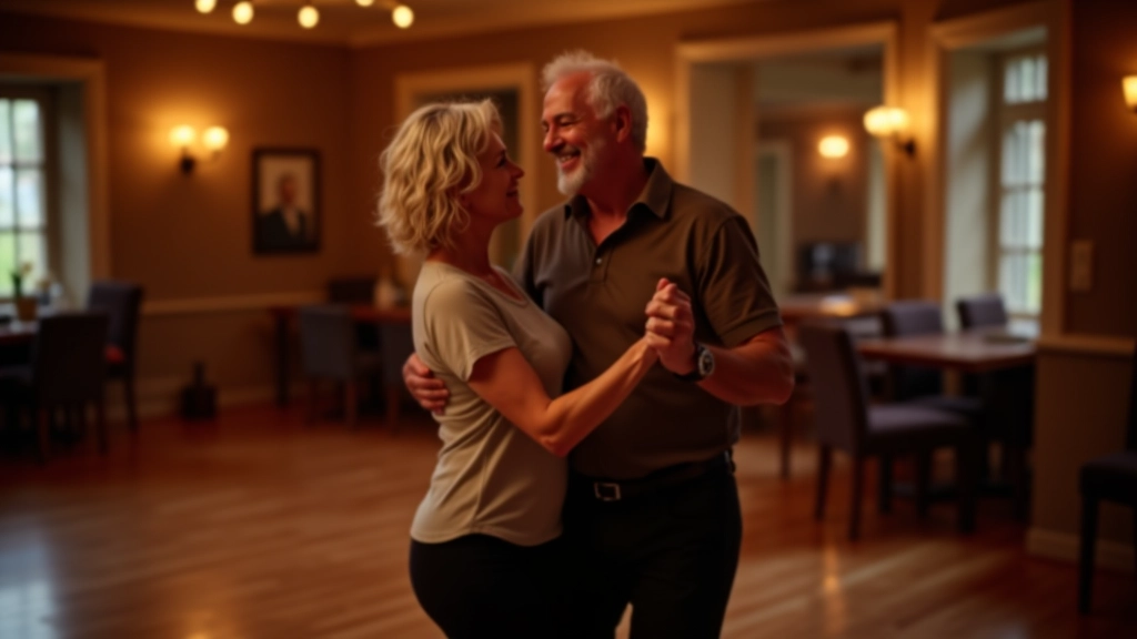 Mature couple dancing salsa together at indoor social event in Galway, smiling and engaged