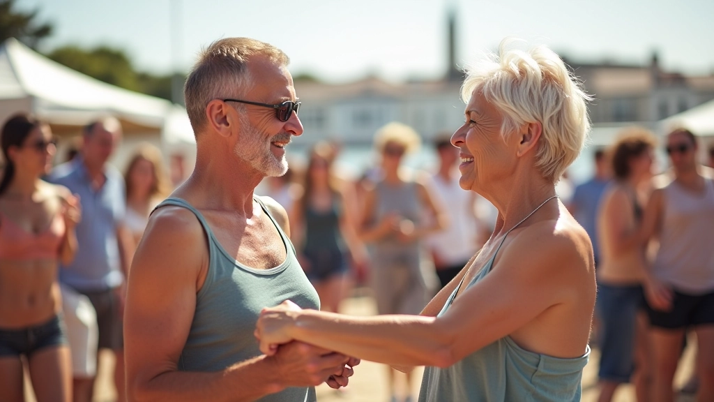 Group of mature dancers socializing at outdoor festival venue with coastal town buildings visible
