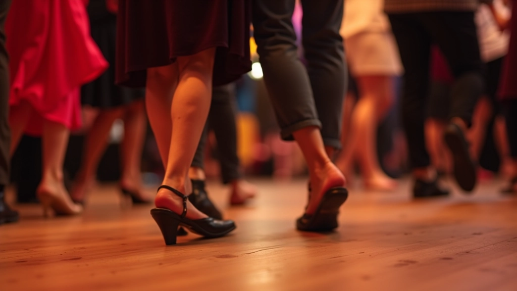 Detailed view of dancers' feet and legs in motion showing connection and joy