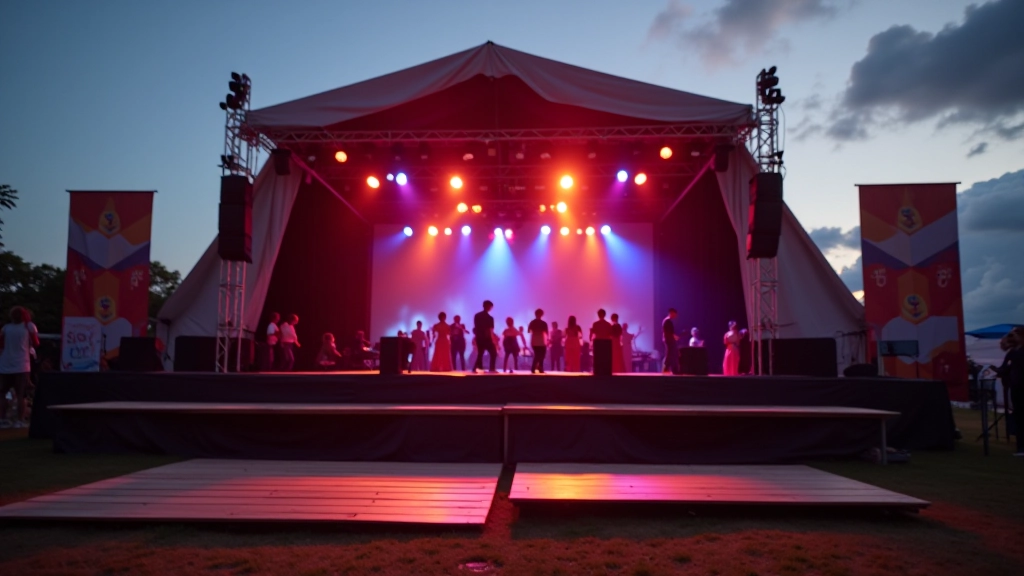 Outdoor summer Latin dance festival stage in Galway with colorful decorations and evening light