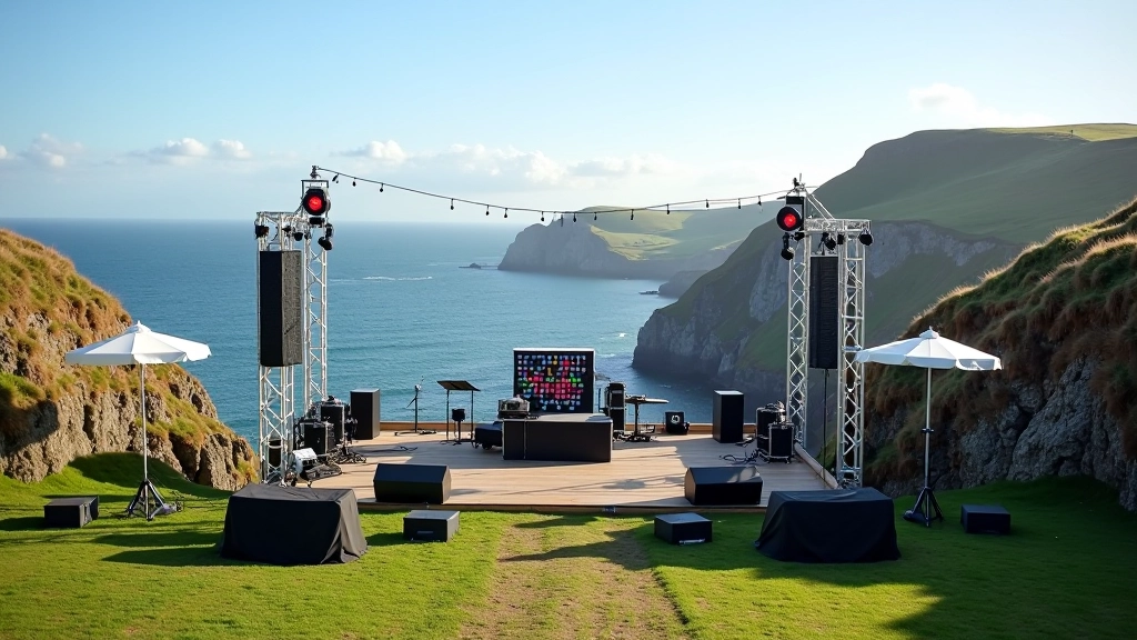 Large outdoor dance festival stage setup along the Wild Atlantic Way coastal landscape