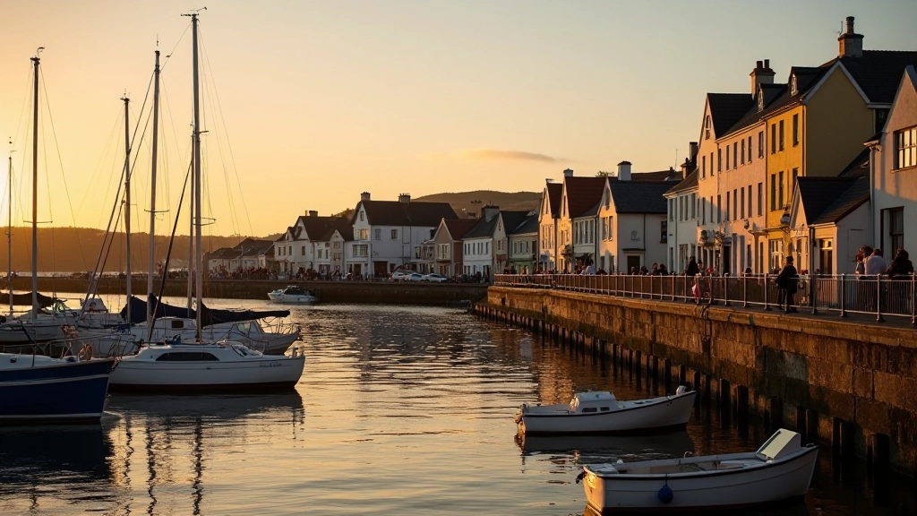 Wexford coastal landscape with historic buildings and harbor at golden hour, peaceful seaside town atmosphere